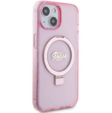 iPhone 15 MagSafe met Ringstandaard Hoesje | Guess Hoesje | Glitter Roze