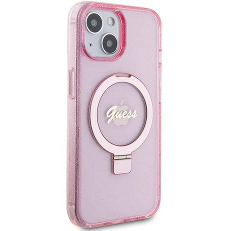iPhone 15 MagSafe met Ringstandaard Hoesje | Guess Hoesje | Glitter Roze