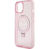 iPhone 15 MagSafe met Ringstandaard Hoesje | Guess Hoesje | Glitter Roze