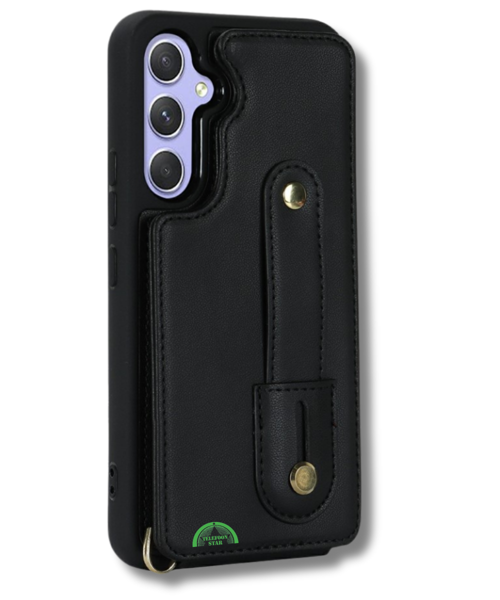 Samsung Galaxy S26 Case Kickstand Card Slots Leather Coated TPU Cover with Shoulder Strap - Black