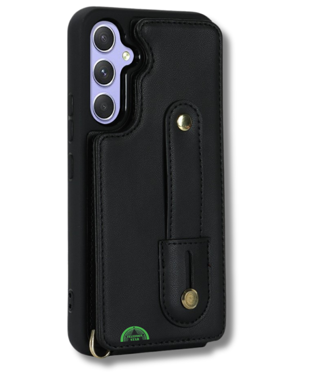 Samsung Galaxy S26 Case Kickstand Card Slots Leather Coated TPU Cover with Shoulder Strap - Black