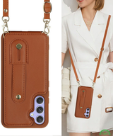 Samsung Galaxy S26 Case Kickstand Card Slots Leather Coated TPU Cover with Shoulder Strap Bruin