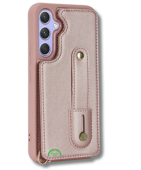 Samsung Galaxy S26 Case Kickstand Card Slots Leather Coated TPU Cover with Shoulder Strap Roze