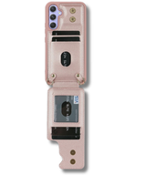 Samsung Galaxy S26 Case Kickstand Card Slots Leather Coated TPU Cover with Shoulder Strap Roze