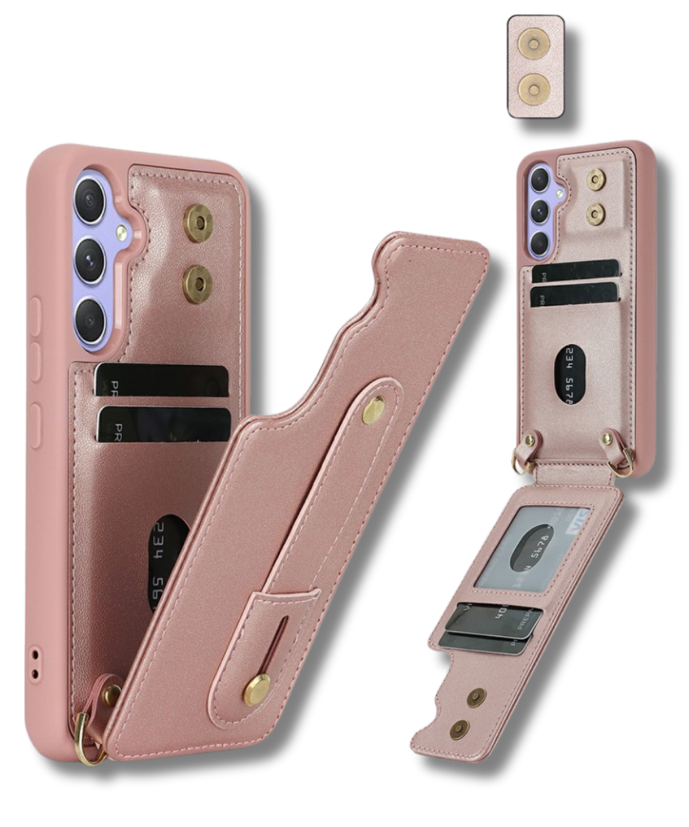 Samsung Galaxy S26 Case Kickstand Card Slots Leather Coated TPU Cover with Shoulder Strap Roze