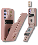 Samsung Galaxy S26 Case Kickstand Card Slots Leather Coated TPU Cover with Shoulder Strap Roze