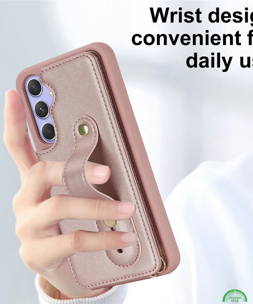 Samsung Galaxy S26 Case Kickstand Card Slots Leather Coated TPU Cover with Shoulder Strap Roze
