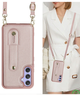 Samsung Galaxy S26 Case Kickstand Card Slots Leather Coated TPU Cover with Shoulder Strap Roze