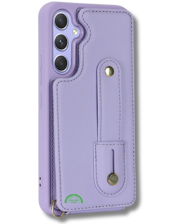 Samsung Galaxy S26 Case Kickstand Card Slots Leather Coated TPU Cover with Shoulder Strap Paars
