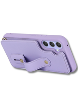Samsung Galaxy S26 Case Kickstand Card Slots Leather Coated TPU Cover with Shoulder Strap Paars