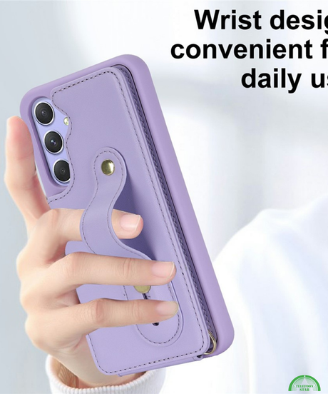 Samsung Galaxy S26 Case Kickstand Card Slots Leather Coated TPU Cover with Shoulder Strap Paars