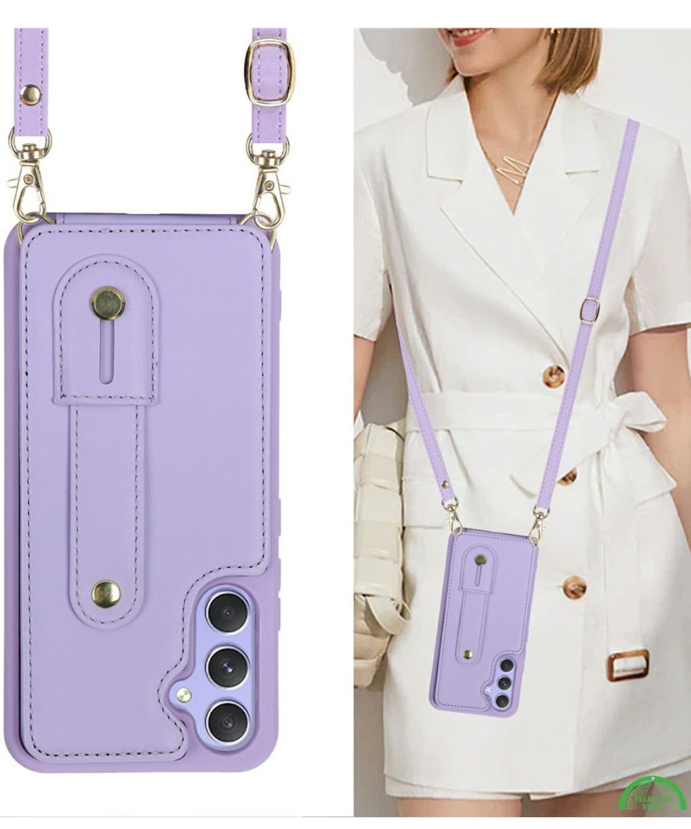 Samsung Galaxy S26 Case Kickstand Card Slots Leather Coated TPU Cover with Shoulder Strap Paars