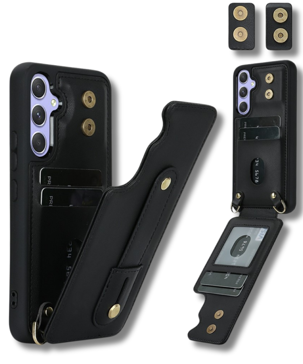 Samsung Galaxy S26 Case Kickstand Card Slots Leather Coated TPU Cover with Shoulder Strap - Black