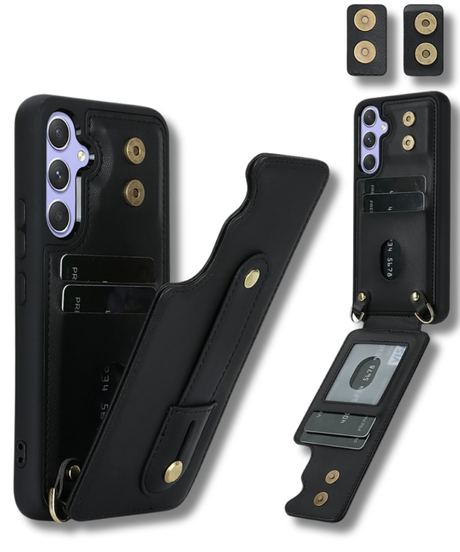 Samsung Galaxy S26 Case Kickstand Card Slots Leather Coated TPU Cover with Shoulder Strap - Black
