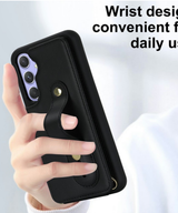 Samsung Galaxy S26 Case Kickstand Card Slots Leather Coated TPU Cover with Shoulder Strap - Black