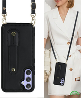 Samsung Galaxy S26 Case Kickstand Card Slots Leather Coated TPU Cover with Shoulder Strap - Black
