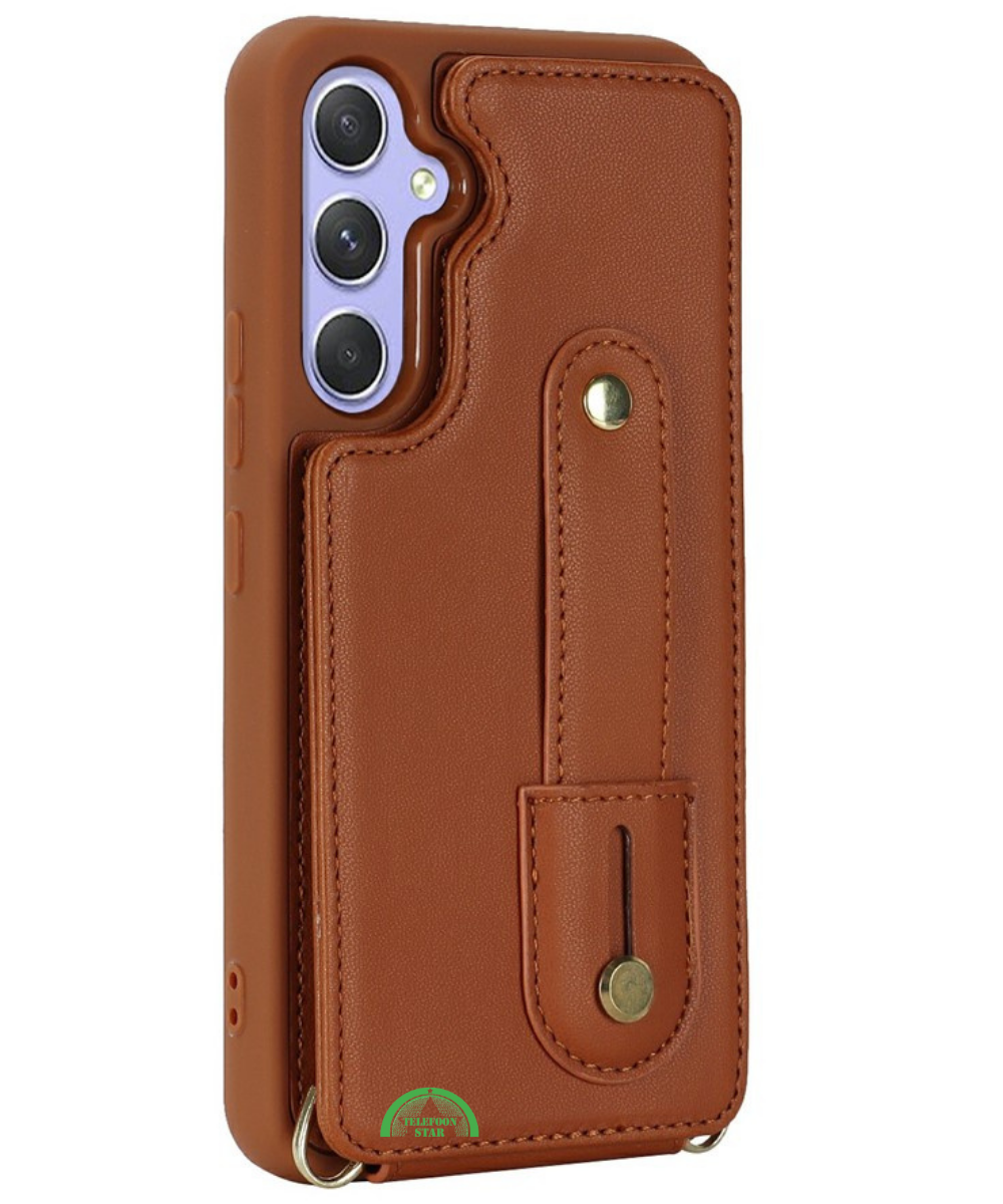 Samsung Galaxy S26 Case Kickstand Card Slots Leather Coated TPU Cover with Shoulder Strap Bruin