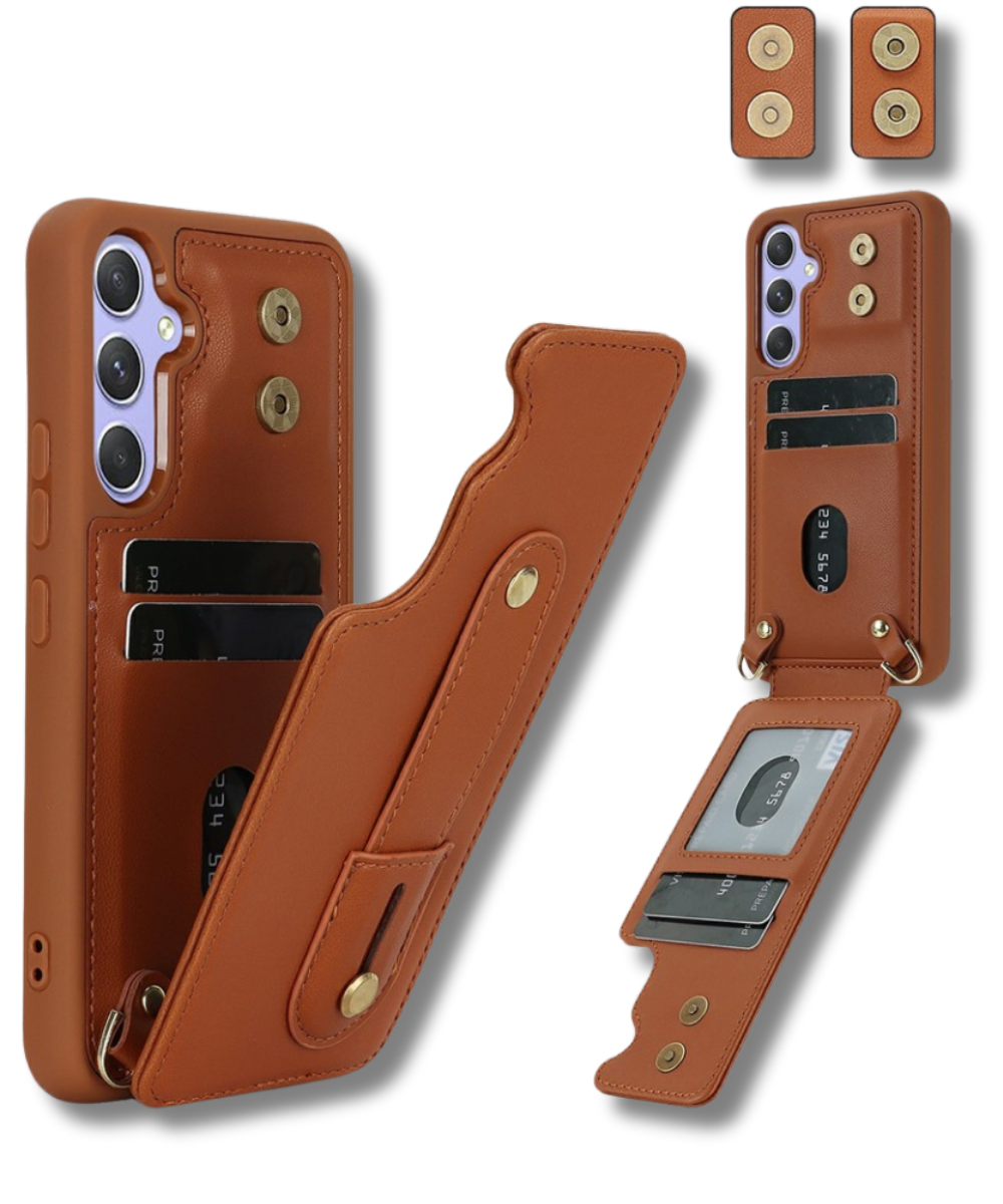 Samsung Galaxy S26 Case Kickstand Card Slots Leather Coated TPU Cover with Shoulder Strap Bruin