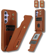 Samsung Galaxy S26 Case Kickstand Card Slots Leather Coated TPU Cover with Shoulder Strap Bruin
