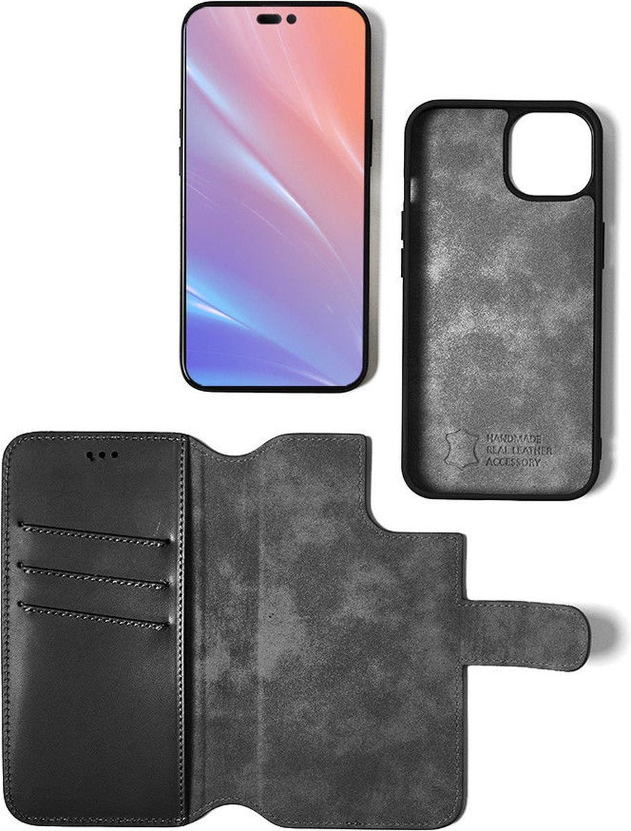 iPhone 15 Plus 2 in 1 Hoesje | 100% Leer | Minimalistisch | Zwart